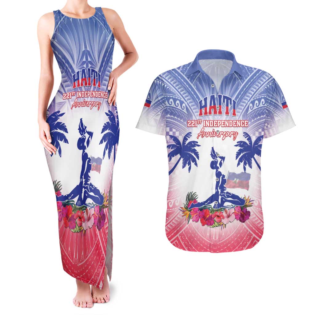Personalised Haiti Independence Day Couples Matching Tank Maxi Dress and Hawaiian Shirt Neg Maron Polynesian Style LT05 - Wonder Print Shop