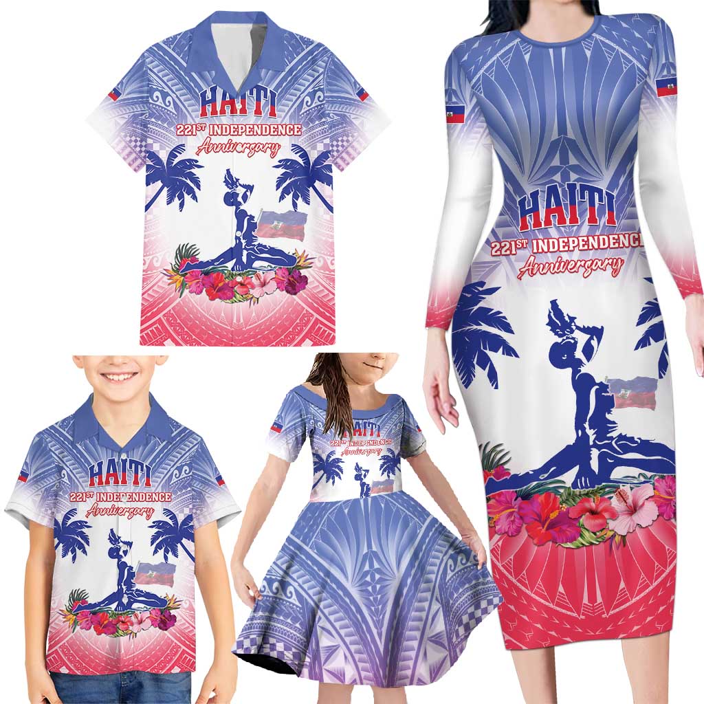 Personalised Haiti Independence Day Family Matching Long Sleeve Bodycon Dress and Hawaiian Shirt Neg Maron Polynesian Style LT05 - Wonder Print Shop