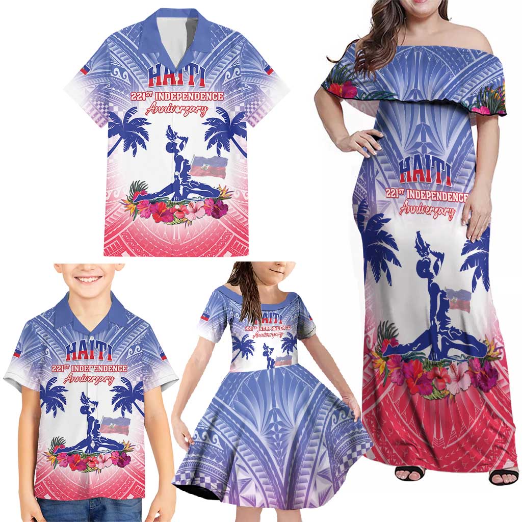 Personalised Haiti Independence Day Family Matching Off Shoulder Maxi Dress and Hawaiian Shirt Neg Maron Polynesian Style LT05 - Wonder Print Shop