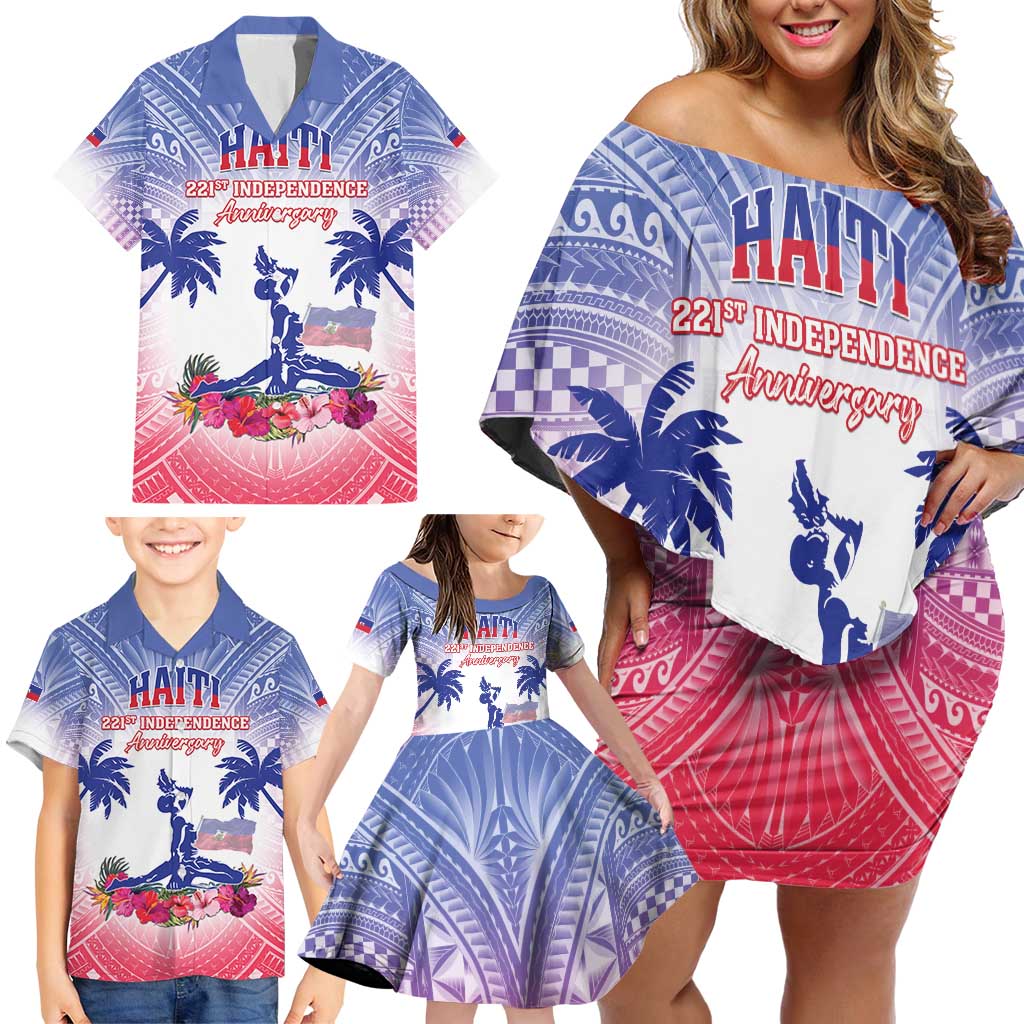 Personalised Haiti Independence Day Family Matching Off Shoulder Short Dress and Hawaiian Shirt Neg Maron Polynesian Style LT05 - Wonder Print Shop