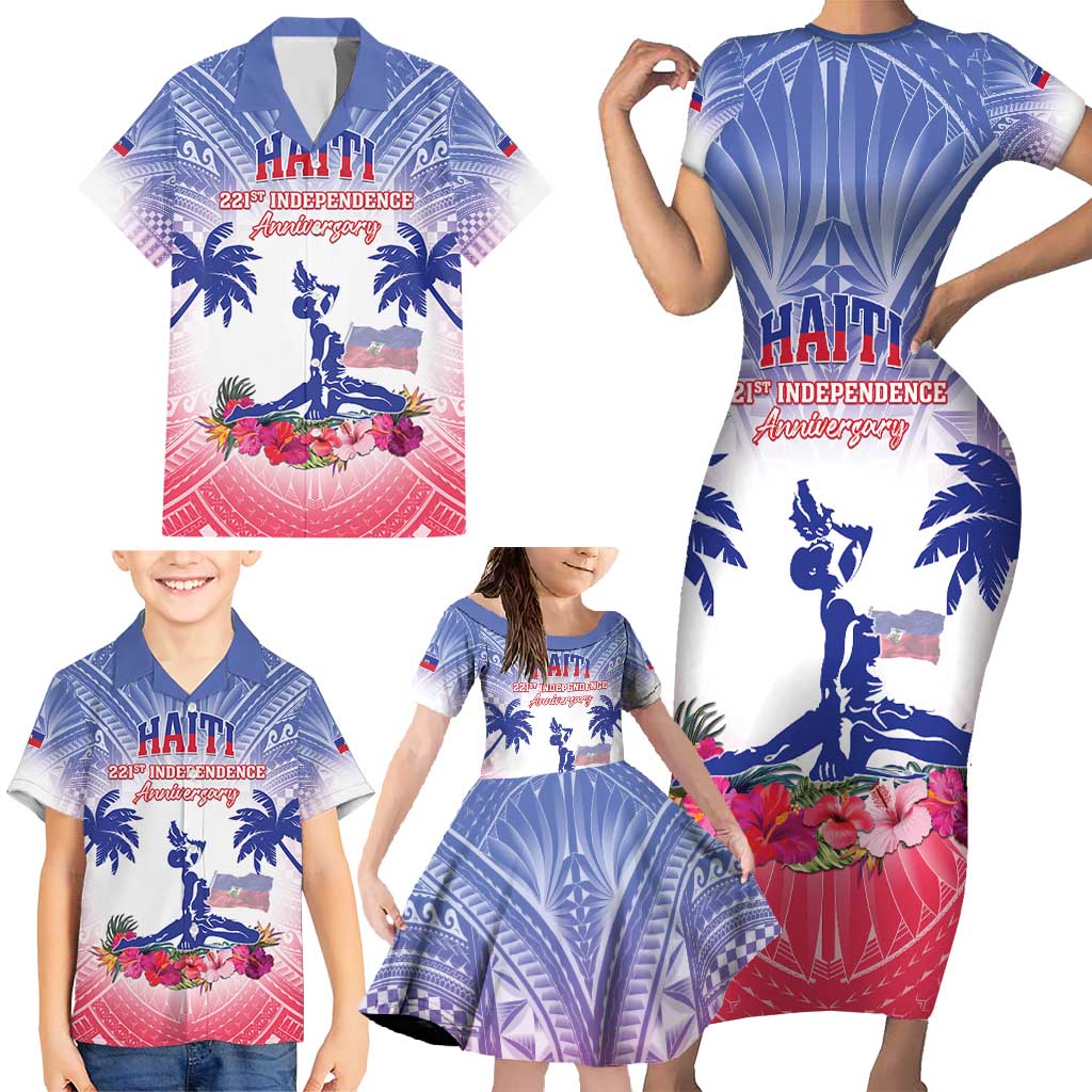 Personalised Haiti Independence Day Family Matching Short Sleeve Bodycon Dress and Hawaiian Shirt Neg Maron Polynesian Style LT05 - Wonder Print Shop