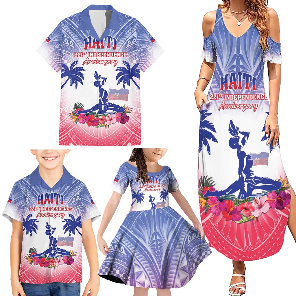 Personalised Haiti Independence Day Family Matching Summer Maxi Dress and Hawaiian Shirt Neg Maron Polynesian Style LT05 - Wonder Print Shop
