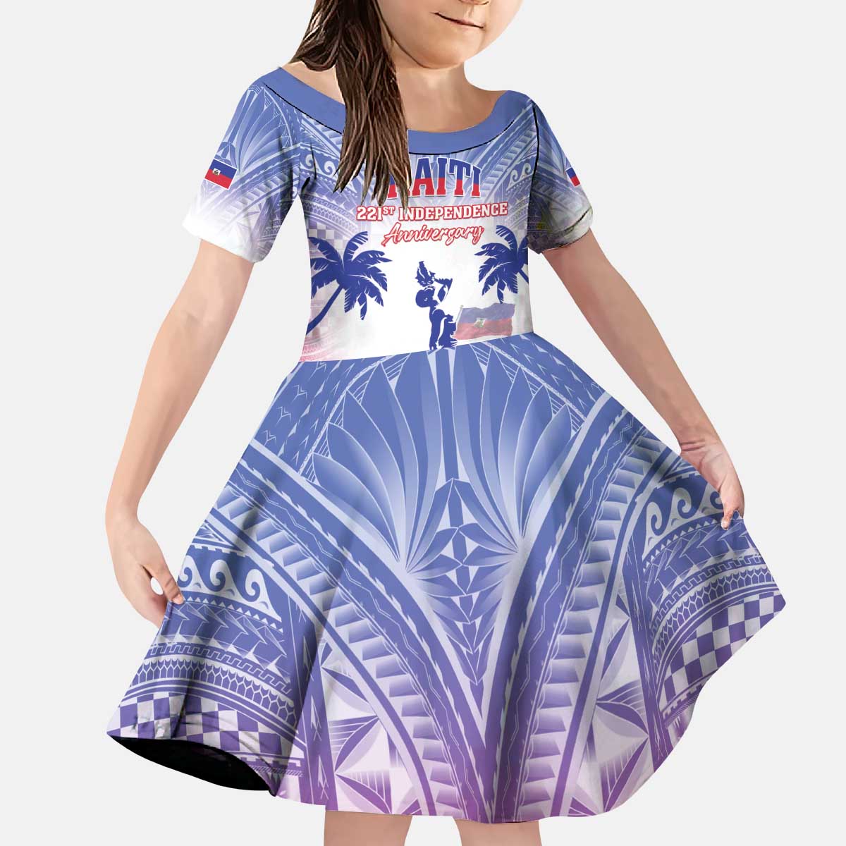 Personalised Haiti Independence Day Kid Short Sleeve Dress Neg Maron Polynesian Style LT05 - Wonder Print Shop