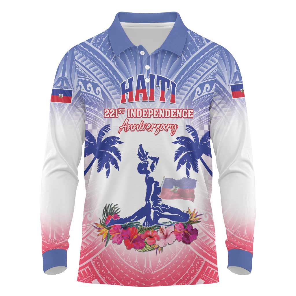 Personalised Haiti Independence Day Long Sleeve Polo Shirt Neg Maron Polynesian Style LT05 - Wonder Print Shop