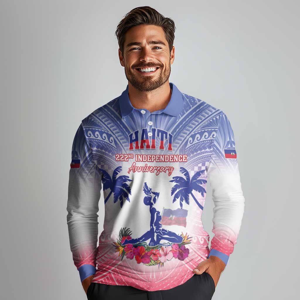 Personalised Haiti Independence Day Long Sleeve Polo Shirt Neg Maron Polynesian Style LT05