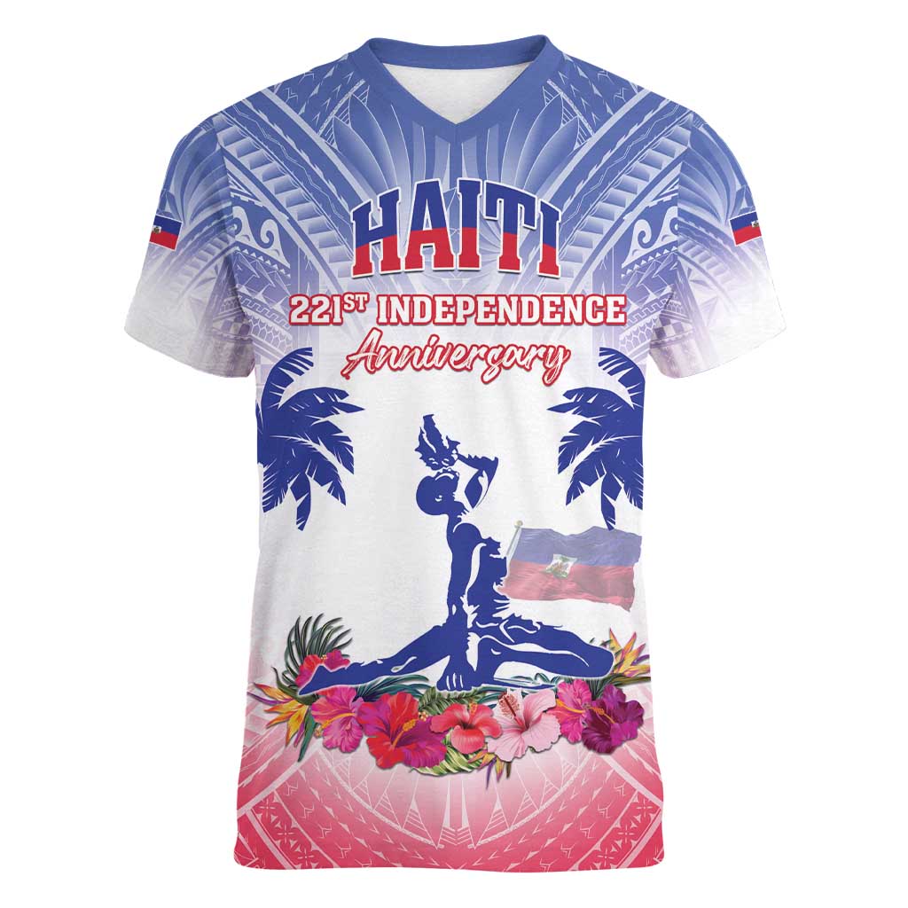 Personalised Haiti Independence Day Women V-Neck T-Shirt Neg Maron Polynesian Style LT05 - Wonder Print Shop