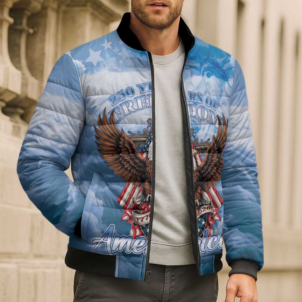 250 Years Of Freedom Bomber Puffer Jacket American Patriotic 1776 To 2026 Majestic Bald Eagle - Wonder Print Shop