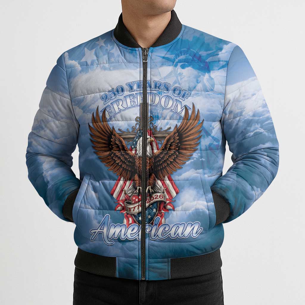 250 Years Of Freedom Bomber Puffer Jacket American Patriotic 1776 To 2026 Majestic Bald Eagle - Wonder Print Shop