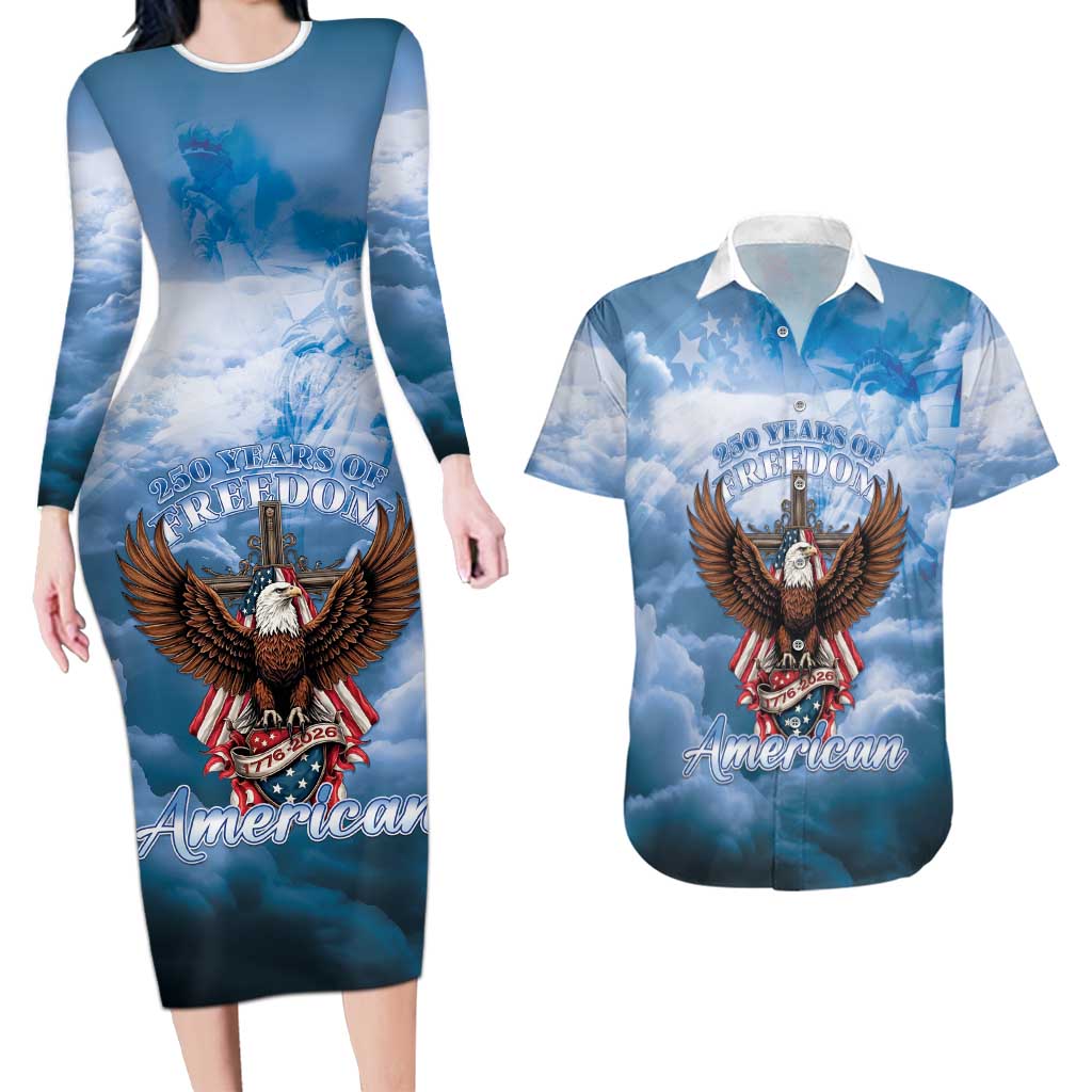 250 Years Of Freedom Couples Matching Long Sleeve Bodycon Dress and Hawaiian Shirt American Patriotic 1776 To 2026 Majestic Bald Eagle - Wonder Print Shop