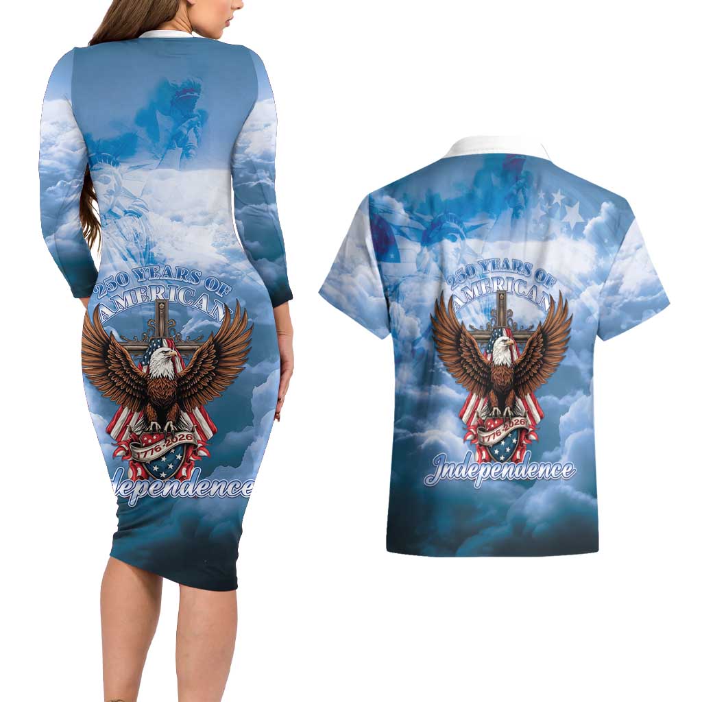 250 Years Of Freedom Couples Matching Long Sleeve Bodycon Dress and Hawaiian Shirt American Patriotic 1776 To 2026 Majestic Bald Eagle - Wonder Print Shop