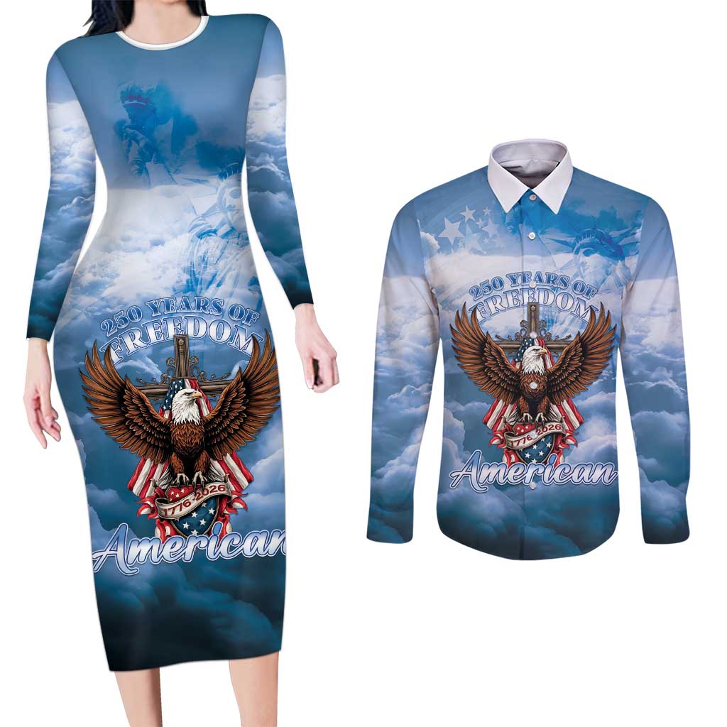 250 Years Of Freedom Couples Matching Long Sleeve Bodycon Dress and Long Sleeve Button Shirt American Patriotic 1776 To 2026 Majestic Bald Eagle - Wonder Print Shop