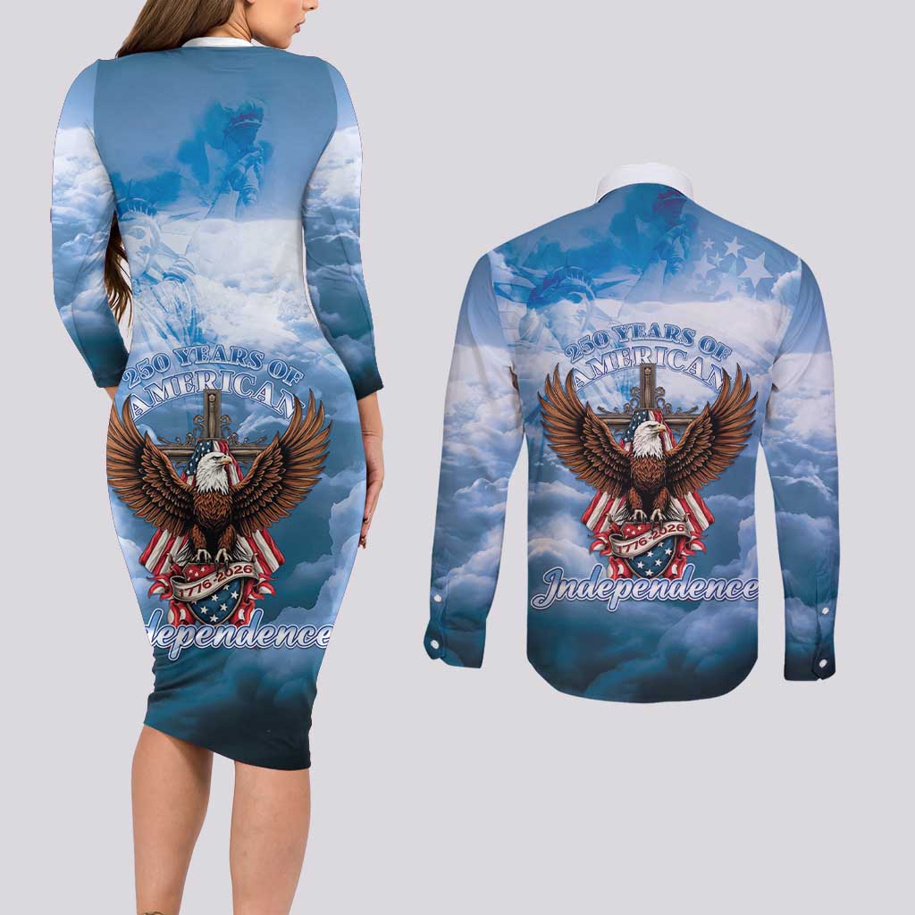 250 Years Of Freedom Couples Matching Long Sleeve Bodycon Dress and Long Sleeve Button Shirt American Patriotic 1776 To 2026 Majestic Bald Eagle - Wonder Print Shop