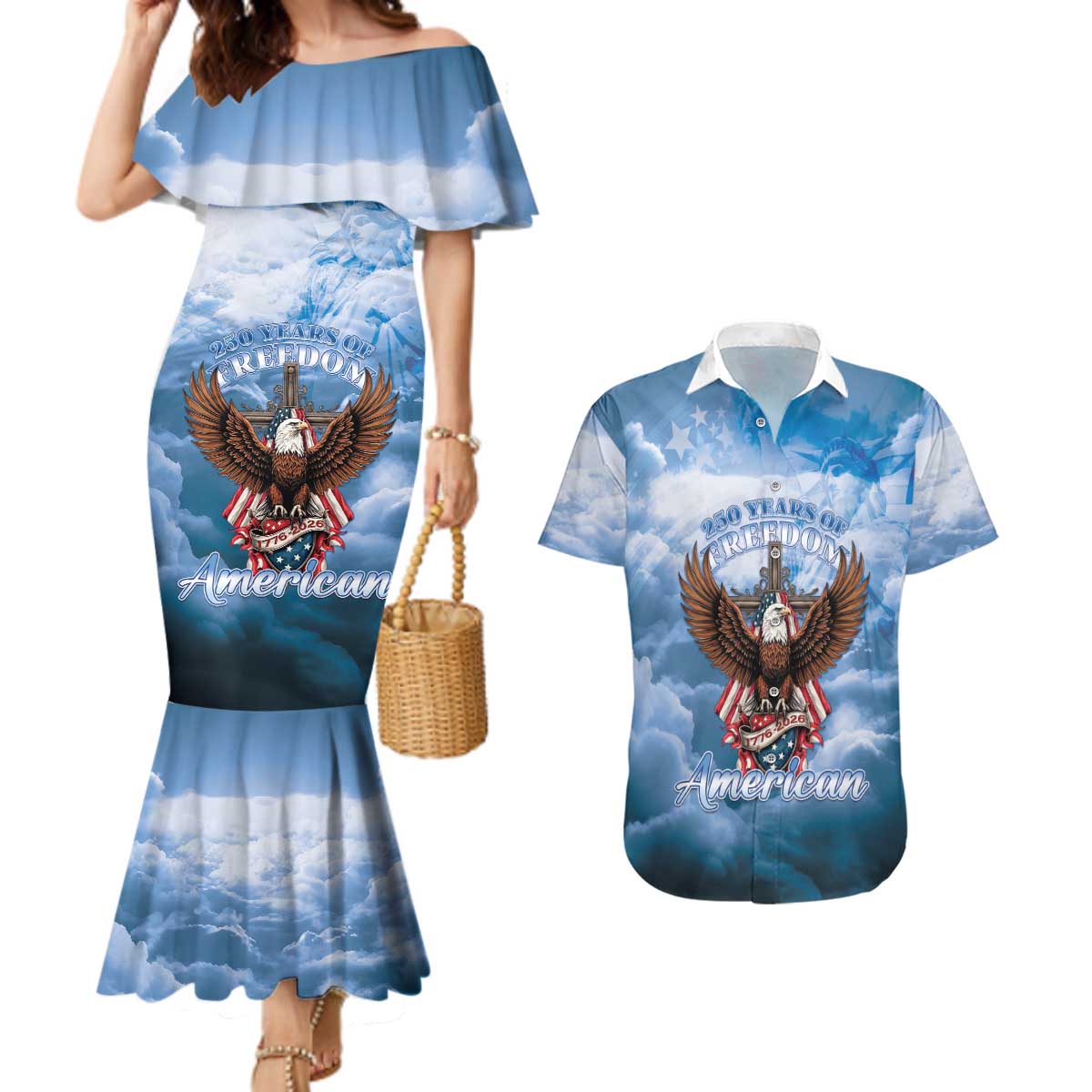 250 Years Of Freedom Couples Matching Mermaid Dress and Hawaiian Shirt American Patriotic 1776 To 2026 Majestic Bald Eagle - Wonder Print Shop