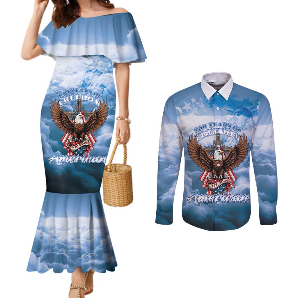 250 Years Of Freedom Couples Matching Mermaid Dress and Long Sleeve Button Shirt American Patriotic 1776 To 2026 Majestic Bald Eagle - Wonder Print Shop