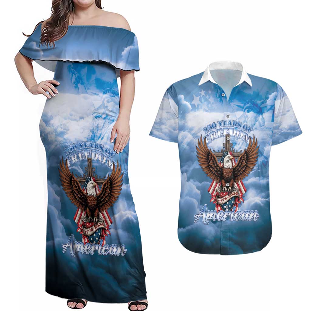 250 Years Of Freedom Couples Matching Off Shoulder Maxi Dress and Hawaiian Shirt American Patriotic 1776 To 2026 Majestic Bald Eagle - Wonder Print Shop