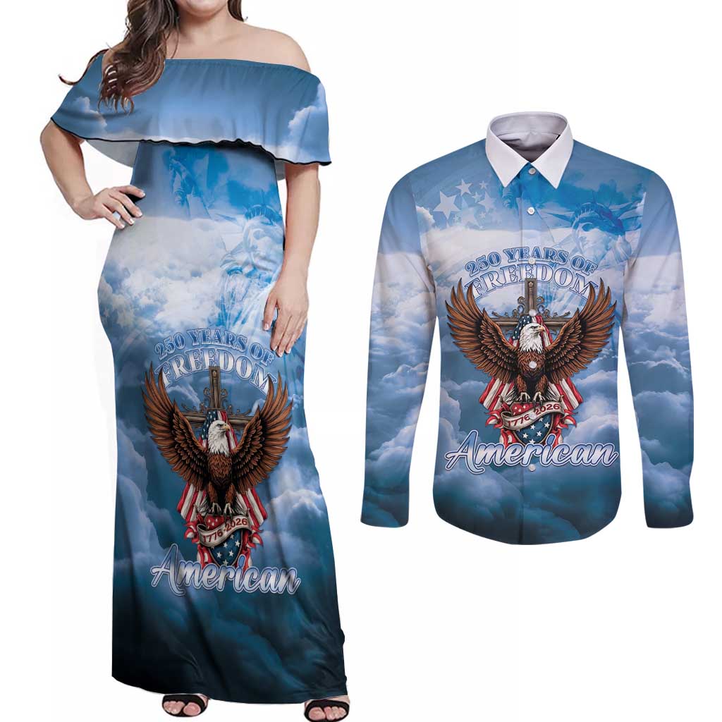 250 Years Of Freedom Couples Matching Off Shoulder Maxi Dress and Long Sleeve Button Shirt American Patriotic 1776 To 2026 Majestic Bald Eagle - Wonder Print Shop