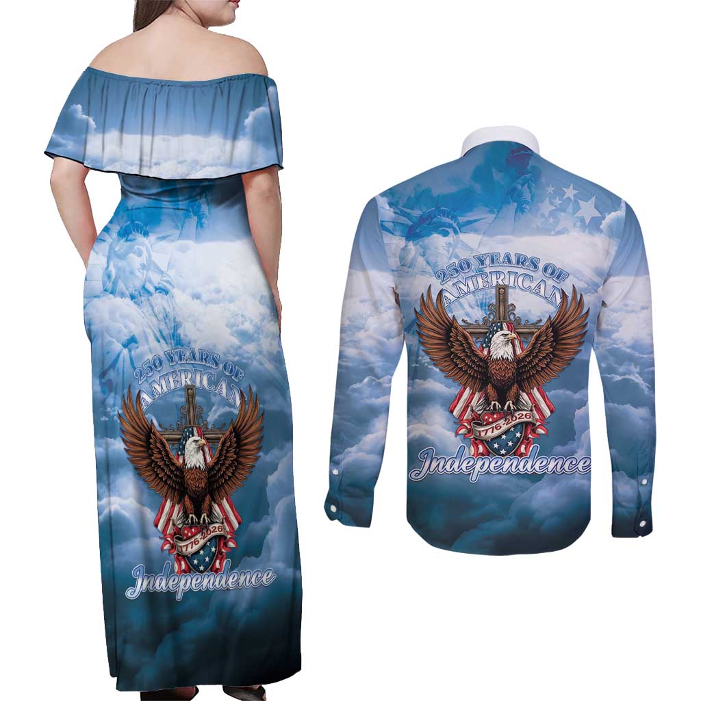 250 Years Of Freedom Couples Matching Off Shoulder Maxi Dress and Long Sleeve Button Shirt American Patriotic 1776 To 2026 Majestic Bald Eagle - Wonder Print Shop