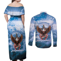 250 Years Of Freedom Couples Matching Off Shoulder Maxi Dress and Long Sleeve Button Shirt American Patriotic 1776 To 2026 Majestic Bald Eagle - Wonder Print Shop