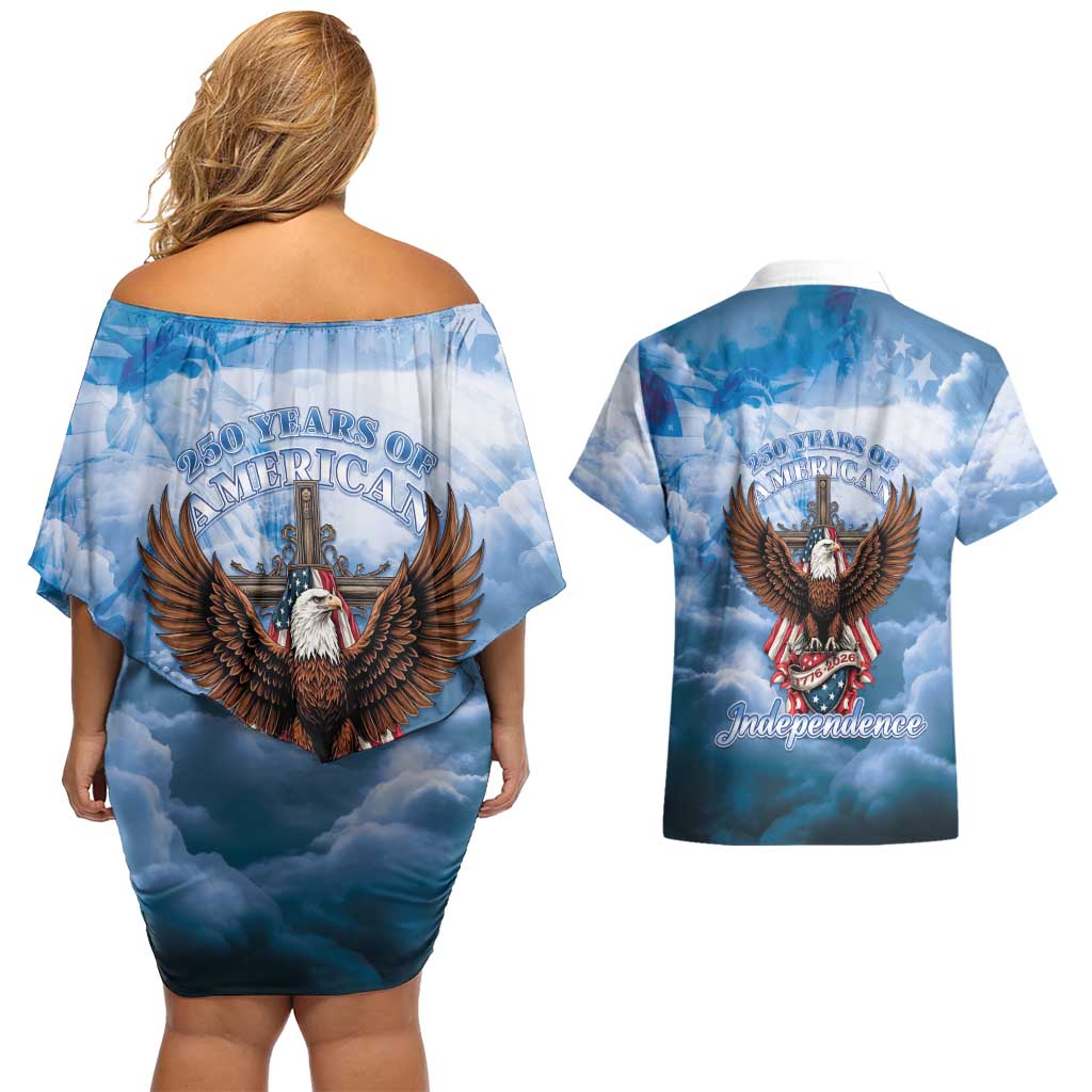 250 Years Of Freedom Couples Matching Off Shoulder Short Dress and Hawaiian Shirt American Patriotic 1776 To 2026 Majestic Bald Eagle - Wonder Print Shop