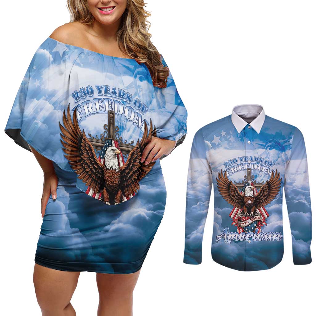 250 Years Of Freedom Couples Matching Off Shoulder Short Dress and Long Sleeve Button Shirt American Patriotic 1776 To 2026 Majestic Bald Eagle - Wonder Print Shop
