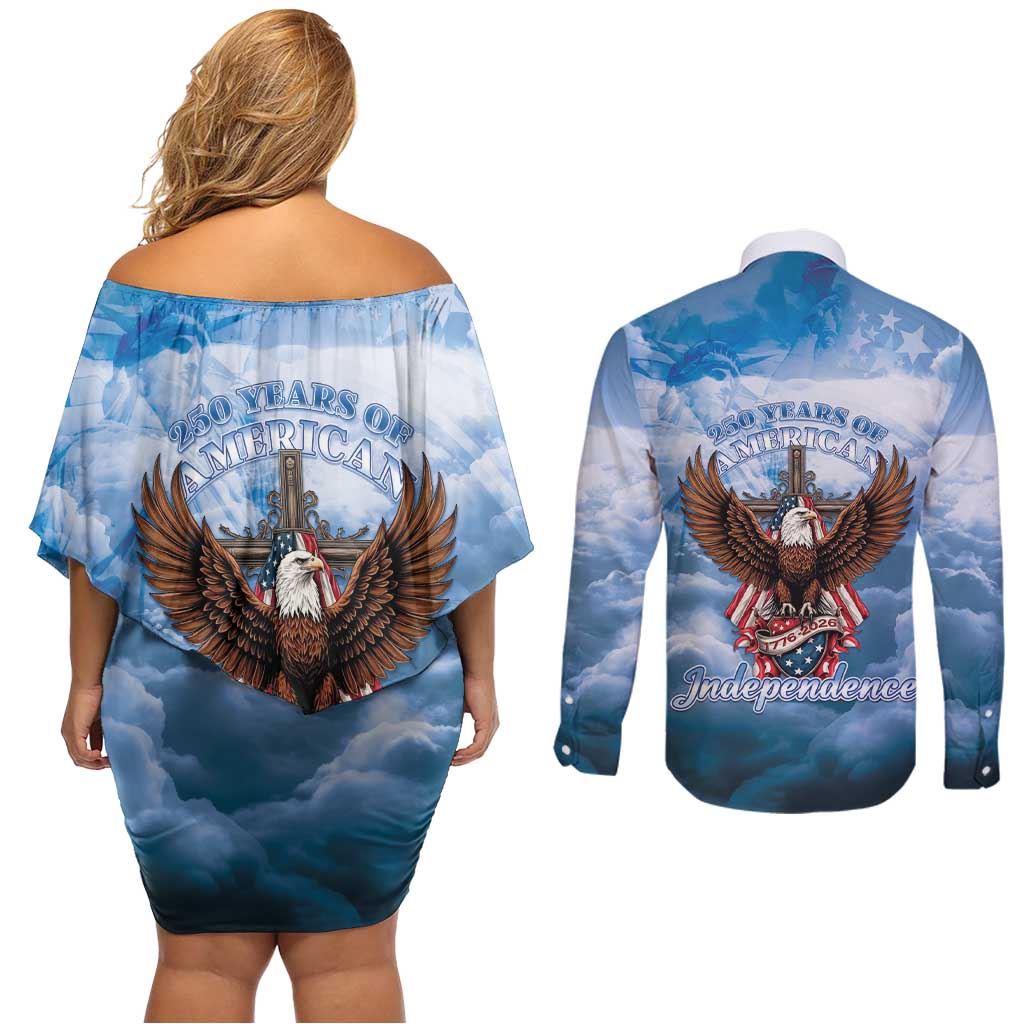 250 Years Of Freedom Couples Matching Off Shoulder Short Dress and Long Sleeve Button Shirt American Patriotic 1776 To 2026 Majestic Bald Eagle - Wonder Print Shop