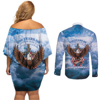 250 Years Of Freedom Couples Matching Off Shoulder Short Dress and Long Sleeve Button Shirt American Patriotic 1776 To 2026 Majestic Bald Eagle - Wonder Print Shop