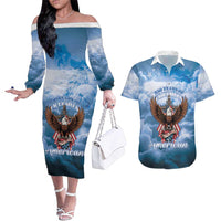 250 Years Of Freedom Couples Matching Off The Shoulder Long Sleeve Dress and Hawaiian Shirt American Patriotic 1776 To 2026 Majestic Bald Eagle - Wonder Print Shop
