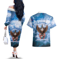 250 Years Of Freedom Couples Matching Off The Shoulder Long Sleeve Dress and Hawaiian Shirt American Patriotic 1776 To 2026 Majestic Bald Eagle - Wonder Print Shop