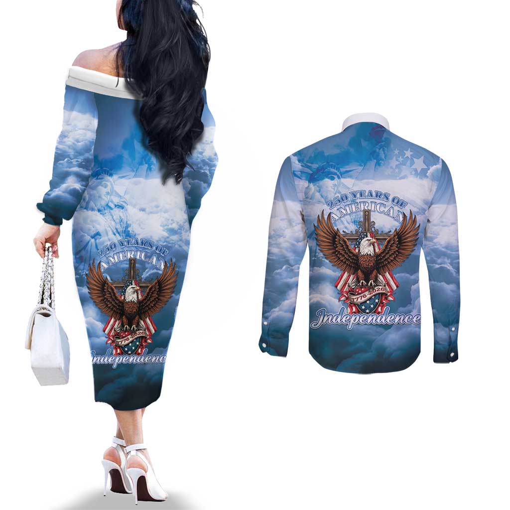 250 Years Of Freedom Couples Matching Off The Shoulder Long Sleeve Dress and Long Sleeve Button Shirt American Patriotic 1776 To 2026 Majestic Bald Eagle - Wonder Print Shop