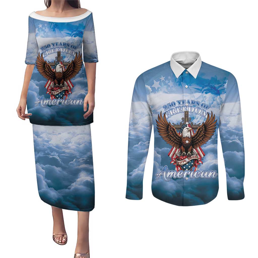 250 Years Of Freedom Couples Matching Puletasi and Long Sleeve Button Shirt American Patriotic 1776 To 2026 Majestic Bald Eagle - Wonder Print Shop