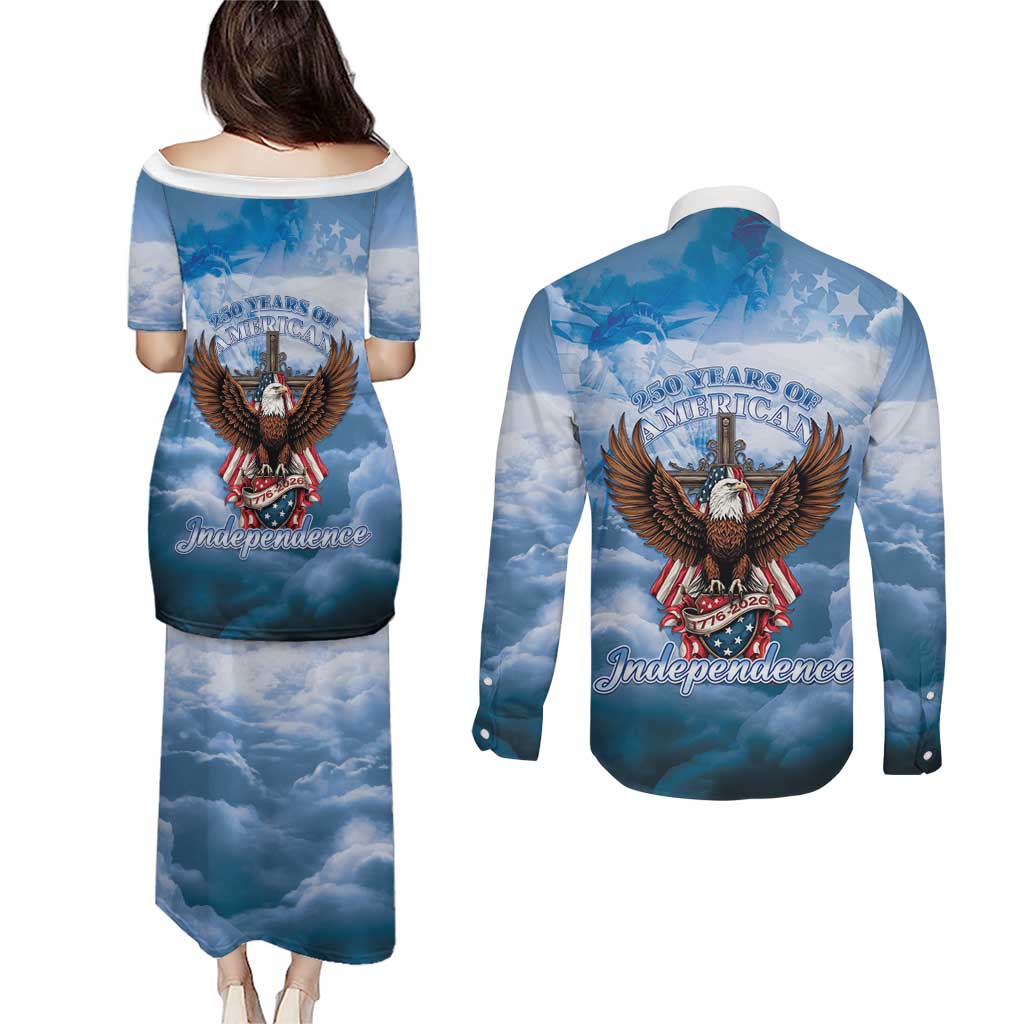 250 Years Of Freedom Couples Matching Puletasi and Long Sleeve Button Shirt American Patriotic 1776 To 2026 Majestic Bald Eagle - Wonder Print Shop