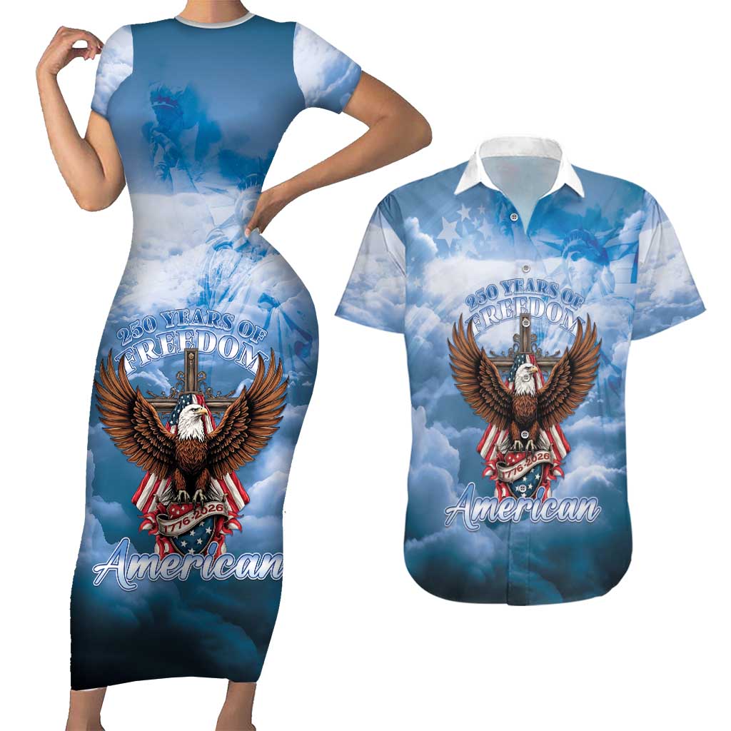 250 Years Of Freedom Couples Matching Short Sleeve Bodycon Dress and Hawaiian Shirt American Patriotic 1776 To 2026 Majestic Bald Eagle - Wonder Print Shop