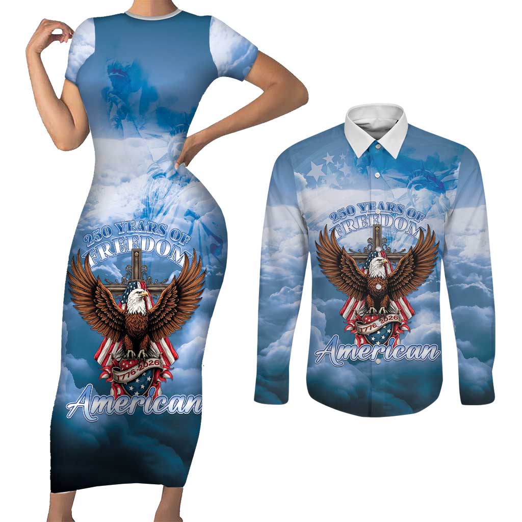 250 Years Of Freedom Couples Matching Short Sleeve Bodycon Dress and Long Sleeve Button Shirt American Patriotic 1776 To 2026 Majestic Bald Eagle - Wonder Print Shop