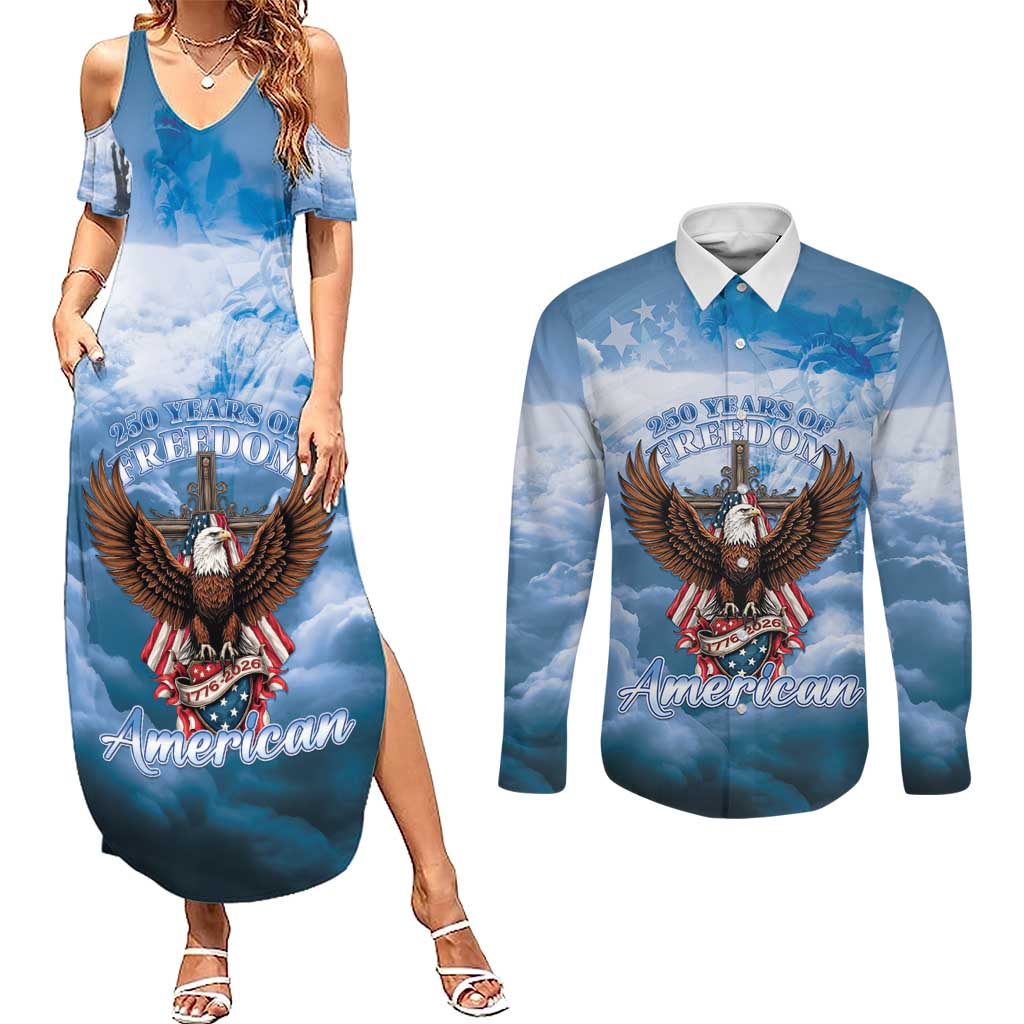 250 Years Of Freedom Couples Matching Summer Maxi Dress and Long Sleeve Button Shirt American Patriotic 1776 To 2026 Majestic Bald Eagle - Wonder Print Shop