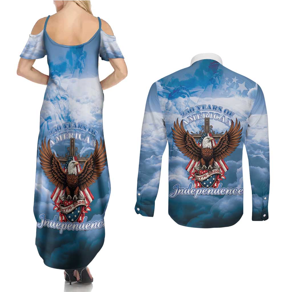 250 Years Of Freedom Couples Matching Summer Maxi Dress and Long Sleeve Button Shirt American Patriotic 1776 To 2026 Majestic Bald Eagle - Wonder Print Shop