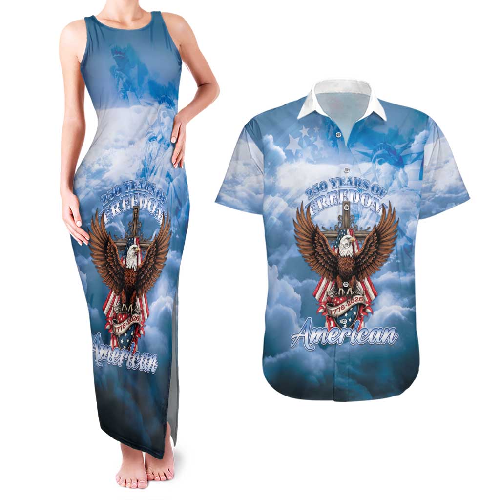250 Years Of Freedom Couples Matching Tank Maxi Dress and Hawaiian Shirt American Patriotic 1776 To 2026 Majestic Bald Eagle - Wonder Print Shop