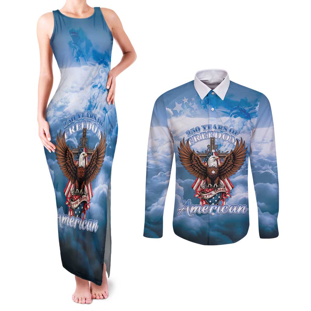 250 Years Of Freedom Couples Matching Tank Maxi Dress and Long Sleeve Button Shirt American Patriotic 1776 To 2026 Majestic Bald Eagle - Wonder Print Shop