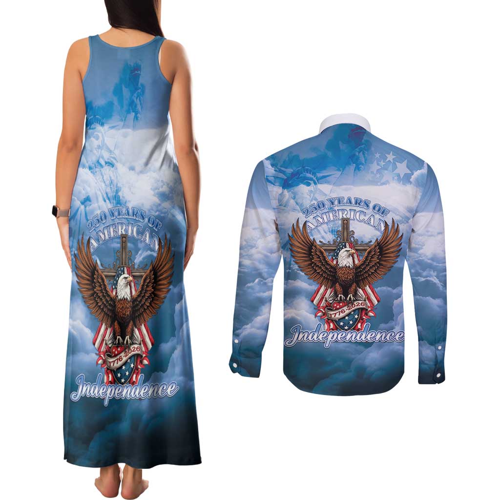 250 Years Of Freedom Couples Matching Tank Maxi Dress and Long Sleeve Button Shirt American Patriotic 1776 To 2026 Majestic Bald Eagle - Wonder Print Shop