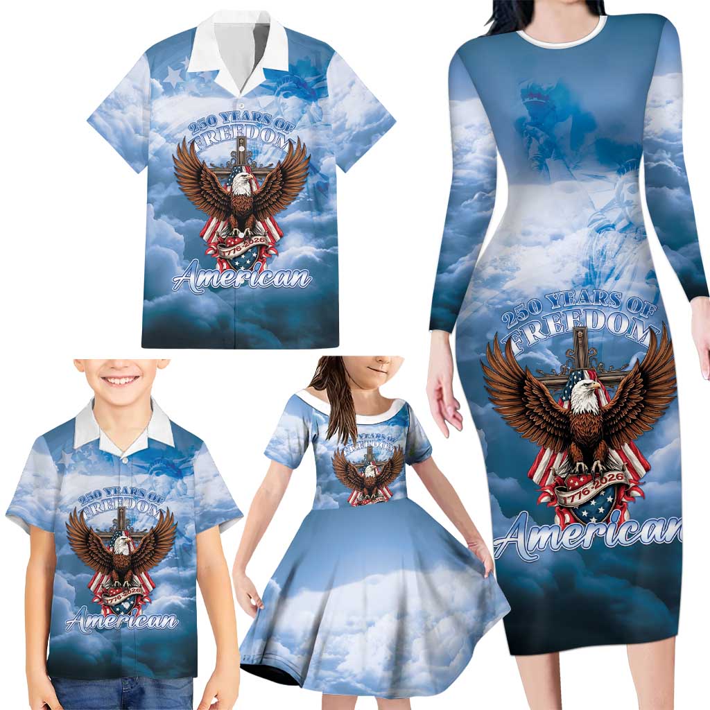 250 Years Of Freedom Family Matching Long Sleeve Bodycon Dress and Hawaiian Shirt American Patriotic 1776 To 2026 Majestic Bald Eagle - Wonder Print Shop