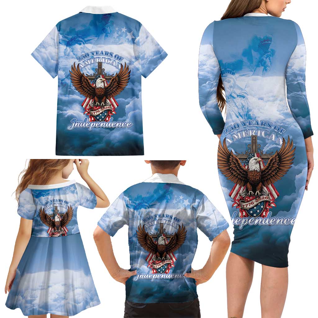 250 Years Of Freedom Family Matching Long Sleeve Bodycon Dress and Hawaiian Shirt American Patriotic 1776 To 2026 Majestic Bald Eagle - Wonder Print Shop