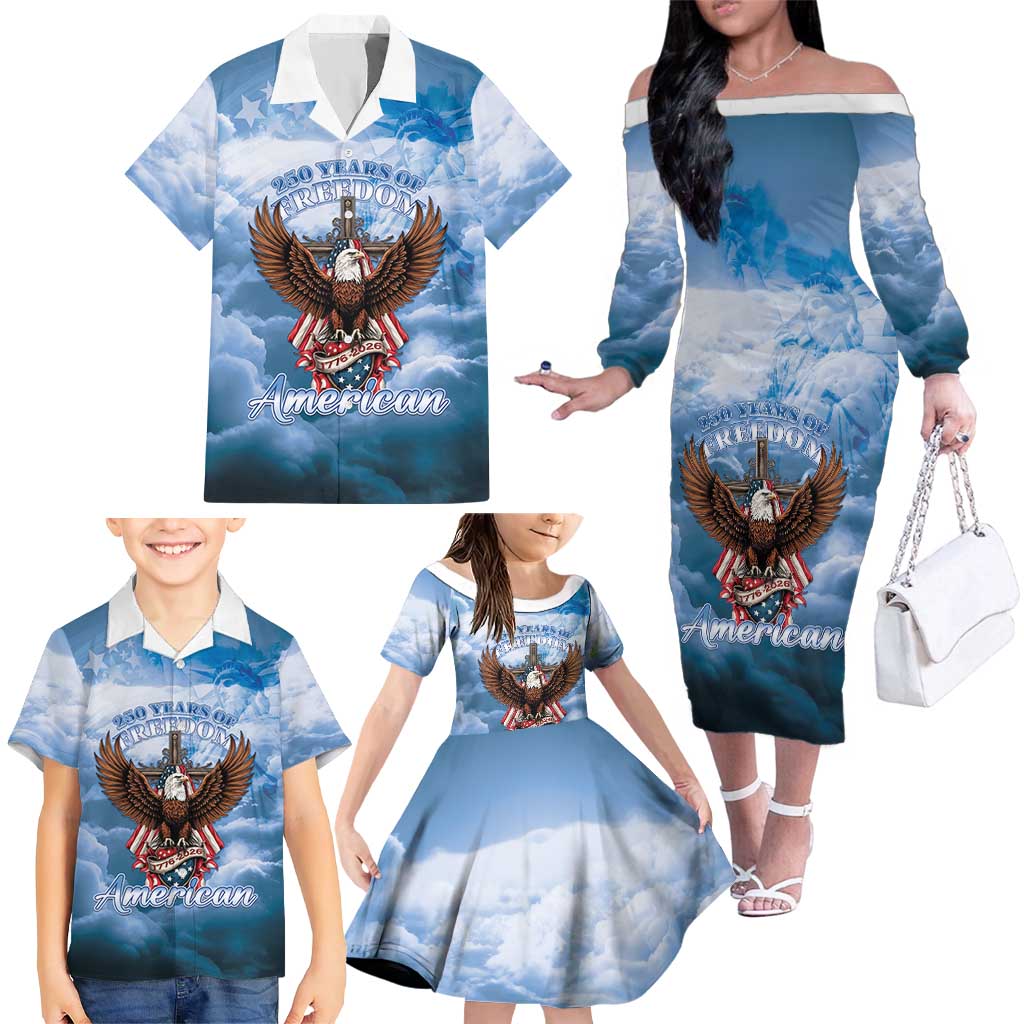 250 Years Of Freedom Family Matching Off The Shoulder Long Sleeve Dress and Hawaiian Shirt American Patriotic 1776 To 2026 Majestic Bald Eagle - Wonder Print Shop
