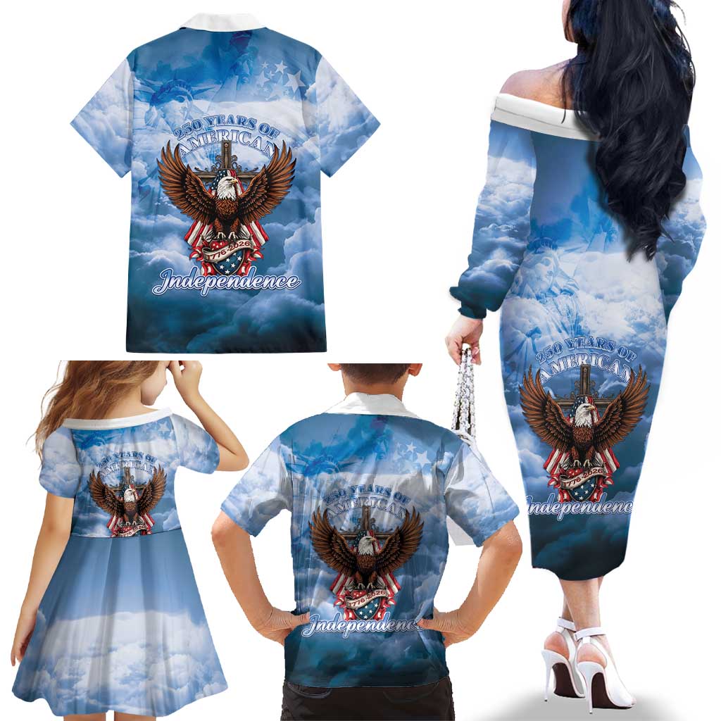250 Years Of Freedom Family Matching Off The Shoulder Long Sleeve Dress and Hawaiian Shirt American Patriotic 1776 To 2026 Majestic Bald Eagle - Wonder Print Shop