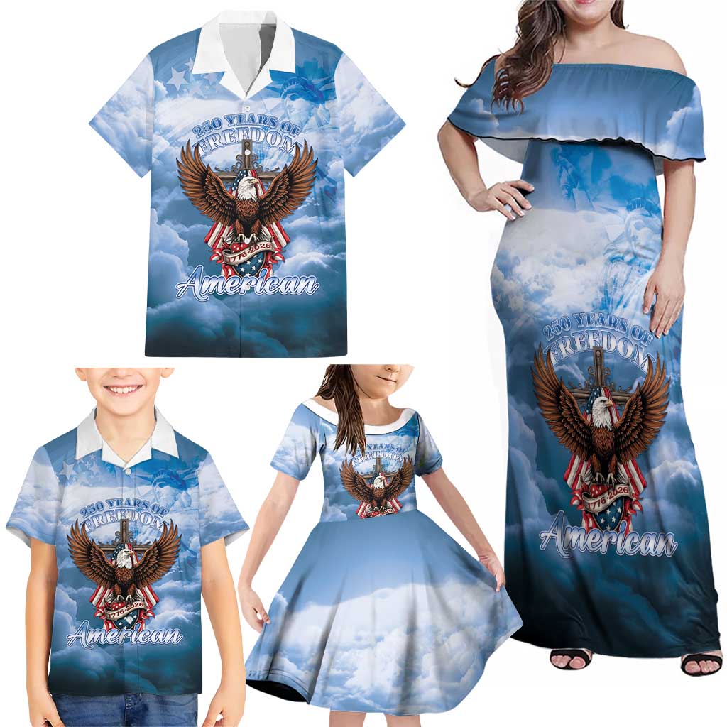 250 Years Of Freedom Family Matching Off Shoulder Maxi Dress and Hawaiian Shirt American Patriotic 1776 To 2026 Majestic Bald Eagle - Wonder Print Shop