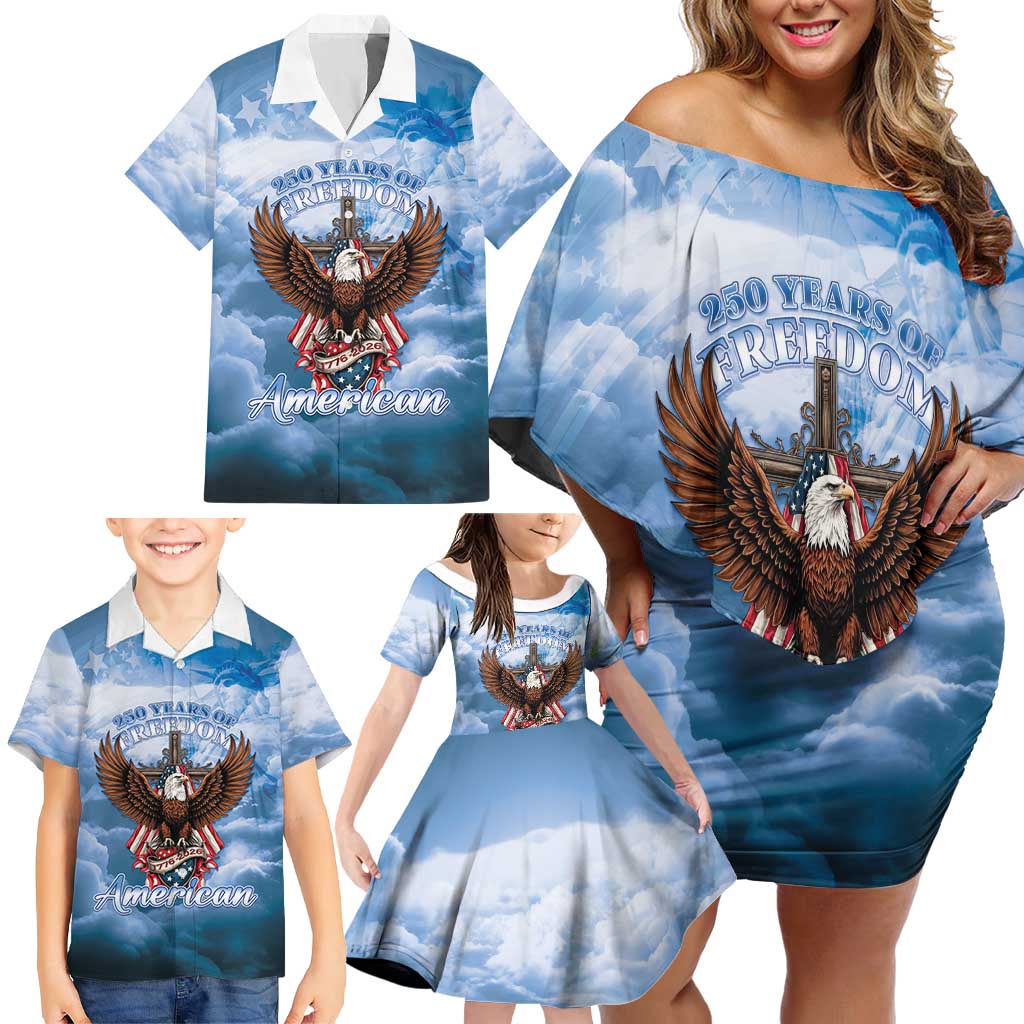 250 Years Of Freedom Family Matching Off Shoulder Short Dress and Hawaiian Shirt American Patriotic 1776 To 2026 Majestic Bald Eagle - Wonder Print Shop