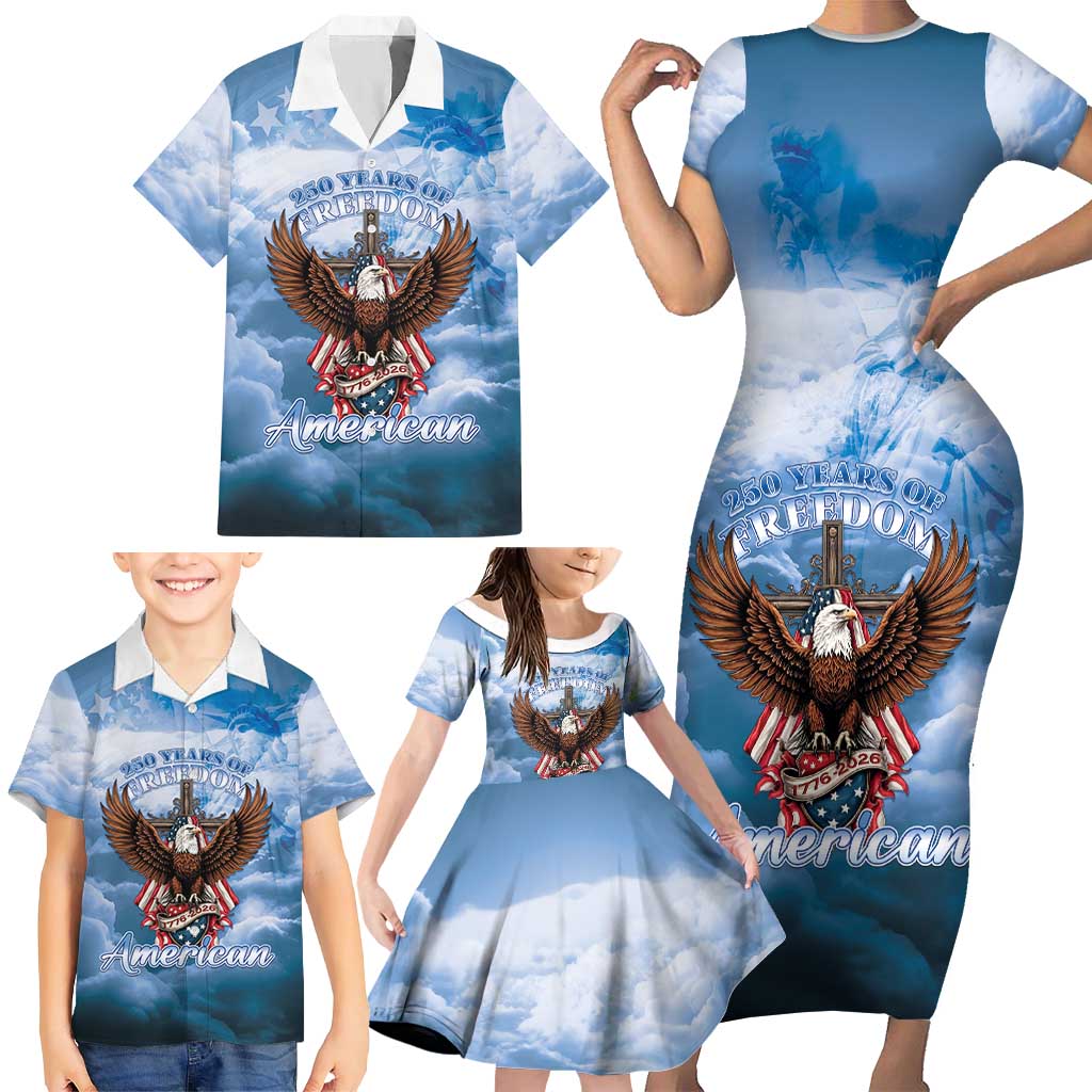 250 Years Of Freedom Family Matching Short Sleeve Bodycon Dress and Hawaiian Shirt American Patriotic 1776 To 2026 Majestic Bald Eagle - Wonder Print Shop