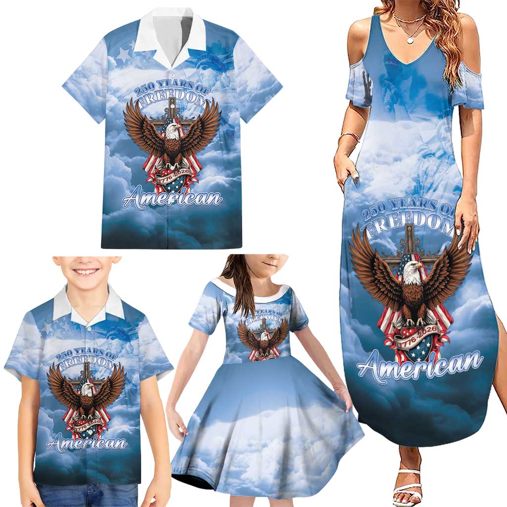 250 Years Of Freedom Family Matching Summer Maxi Dress and Hawaiian Shirt American Patriotic 1776 To 2026 Majestic Bald Eagle - Wonder Print Shop