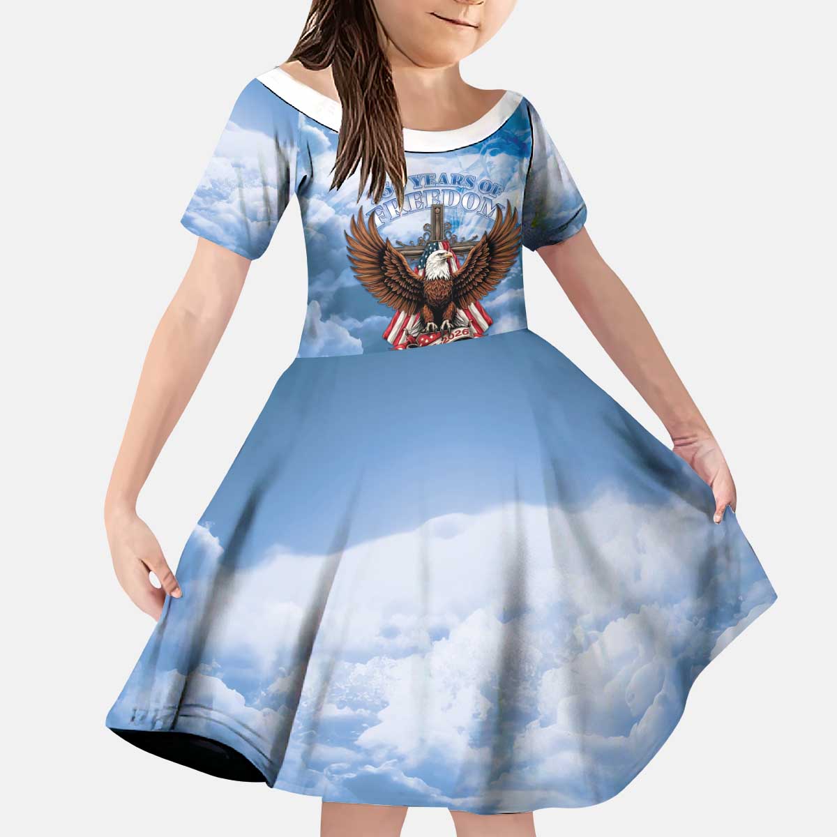 250 Years Of Freedom Kid Short Sleeve Dress American Patriotic 1776 To 2026 Majestic Bald Eagle - Wonder Print Shop