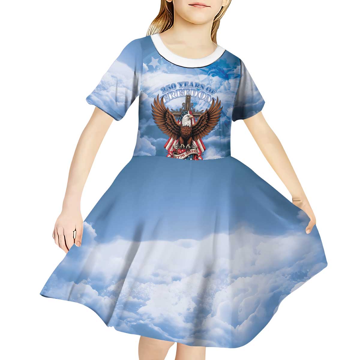 250 Years Of Freedom Kid Short Sleeve Dress American Patriotic 1776 To 2026 Majestic Bald Eagle - Wonder Print Shop