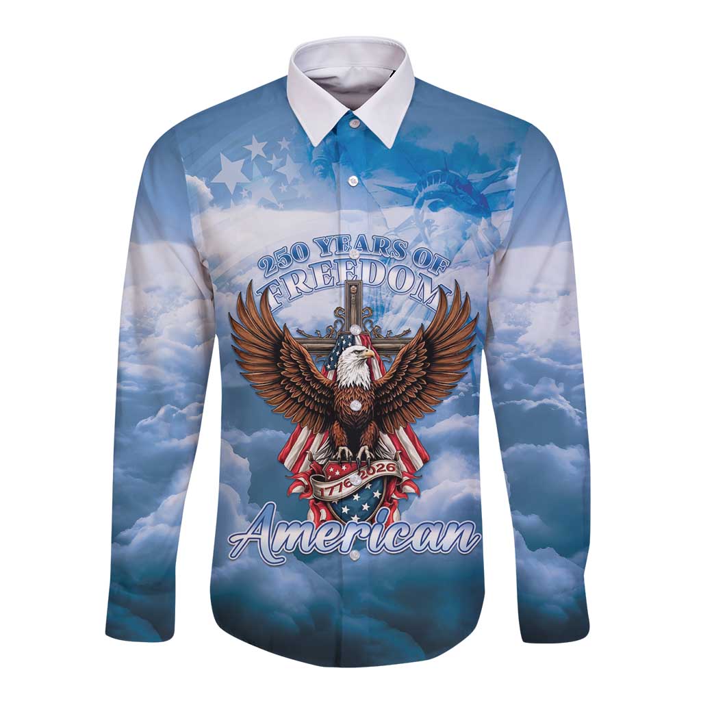 250 Years Of Freedom Long Sleeve Button Shirt American Patriotic 1776 To 2026 Majestic Bald Eagle - Wonder Print Shop