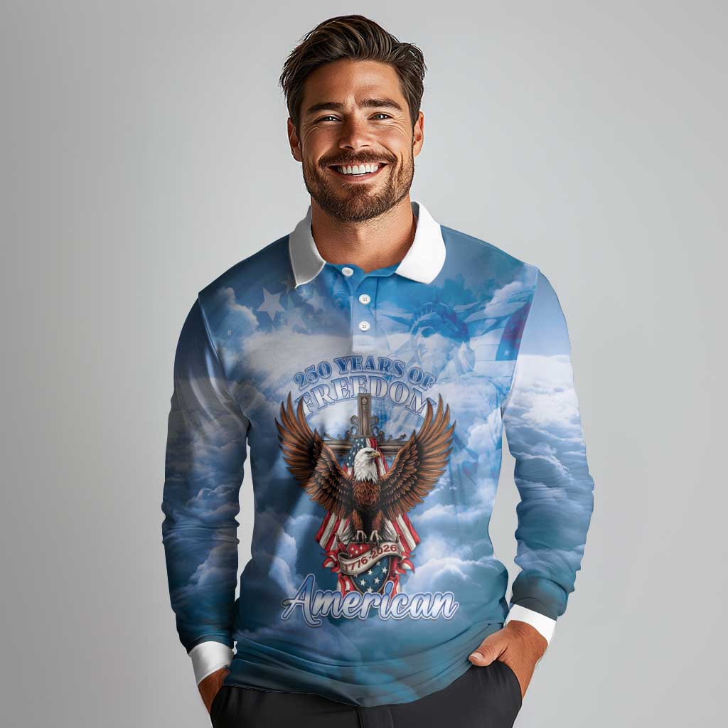 250 Years Of Freedom Long Sleeve Polo Shirt American Patriotic 1776 To 2026 Majestic Bald Eagle - Wonder Print Shop